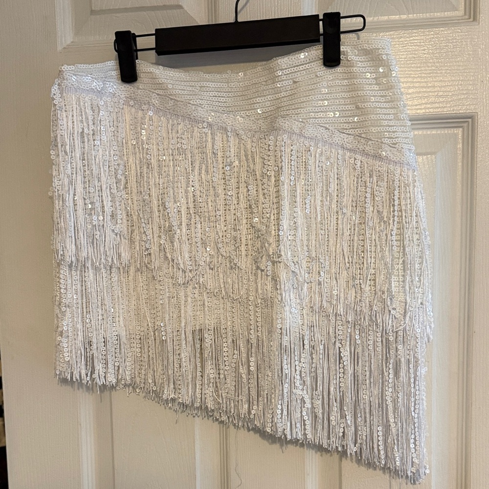 superdown White Sequin Fringe Asymmetrical Mini Skirt NWT
